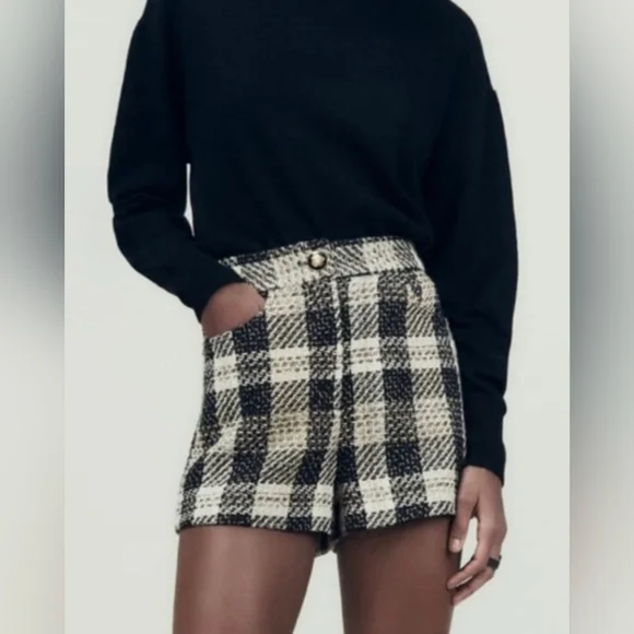 Zara Textured Weave Plaid Shorts SIZE L 2214/120/070 - Picture 2 of 7